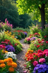 Geometric Garden Design A Vibrant Patchwork of Flowers and Foliage bursting with color and texture. Ideal for landscaping, gardening, and home design inspiration.