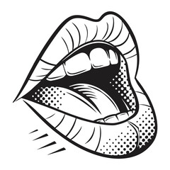 Stylized monochrome open mouth with teeth and halftone dots lips black and white
