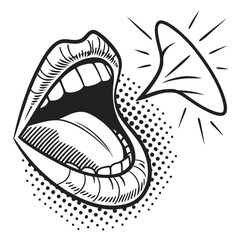 Stylized monochrome open mouth speaking with speech bubble lips talking