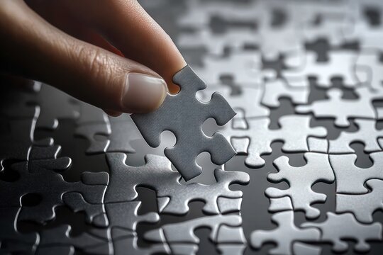 Close-up of a hand placing the final piece into a mostly completed black and white puzzle symbolizing problem solving and completion