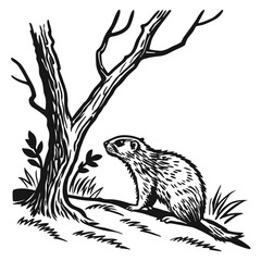 Groundhog near bare tree branches and grass marmot rodent