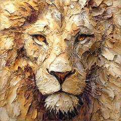Golden Majesty: Impasto Sculpted Lion Portrait in Warm Neutral Tones
