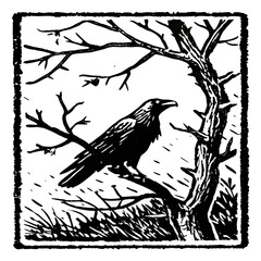 Black bird perched on bare tree branches raven crow