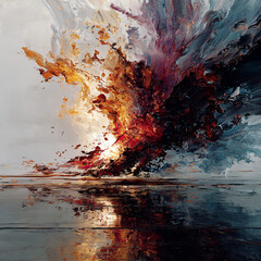 Volcanic Bloom: Fiery Explosion of Color on Reflective Surface
