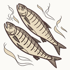 Two smoked fish with wavy lines food seafood