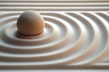 Smooth round stone creating concentric ripples on fine sand surface symbolizing calmness and balance