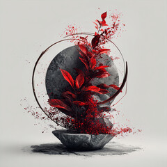 Crimson Bloom: Red Botanical Explosion Within a Glass Sphere
