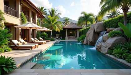 Obraz premium Tranquil Luxury Resort Pool Lush Landscape, Elegant Stonework, Inviting Waterscape, Relaxing Vacation Getaway