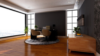 3d office minimalist room with wooden design interior