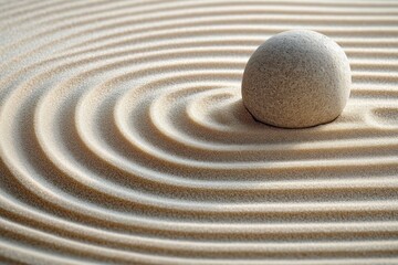 Smooth round stone placed on finely raked sand with concentric circular patterns creating a calming and serene atmosphere