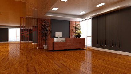 office front desk or receptionist room with wooden design interior