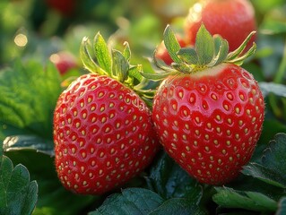 Close-up of two fresh ripe strawberries with green leaves illuminated by warm sunlight
