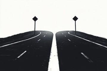 Two empty curved roads with dark asphalt and traffic signs against a stark white background creating a symmetrical contrast