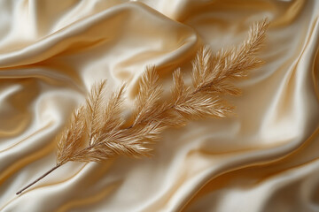 Gold feather delicately resting on satin fabric.