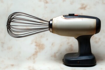 Close-up of a vintage handheld electric mixer with a metal whisk attachment on a light marbled background