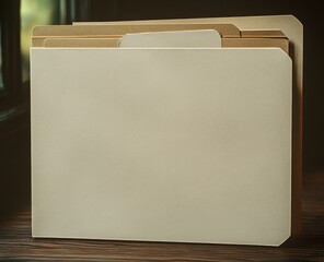 Stack of four blank beige file folders on a wooden surface with soft natural lighting creating a calm atmosphere