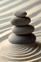 Four smooth stones stacked in ascending size on finely textured sand with soft light casting gentle shadows, evoking calmness and balance