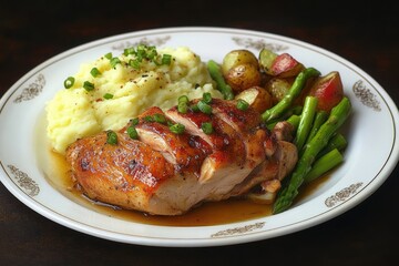 Plate of roasted chicken breast garnished with green onions, served with creamy mashed potatoes and steamed asparagus and baby potatoes on a decorative white plate