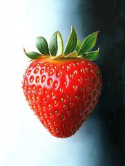 Close-up of a single ripe red strawberry with green leaves on a contrasting light and dark background