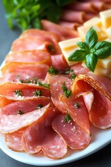 Close-up of thinly sliced cured meat garnished with herbs and coarse salt, served alongside slices of cheese and fresh basil on a white plate.