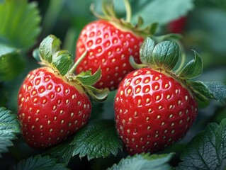 Close-up of three ripe red strawberries with green leaves in natural light showing freshness and vibrancy
