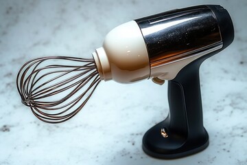 electric handheld mixer with wire whisk attachment on a marble countertop