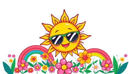 Fototapeta premium Cheerful Cartoon Sun with Sunglasses in Flower Garden Illustration