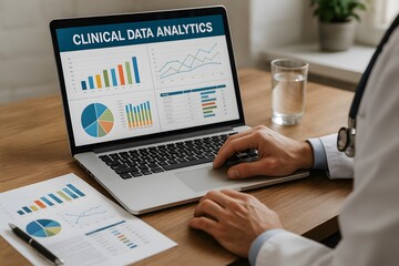 Clinical data analytics software for healthcare management and medical data analysis on laptop screen
