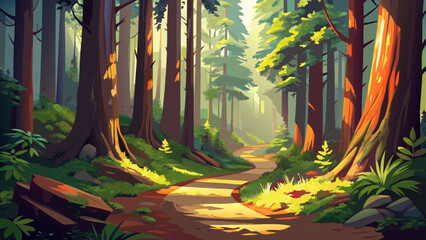 A quiet trail winds through ancient redwoods in Redwood National and State Parks, the forest floor bathed in soft green light and filtered sunbeams.