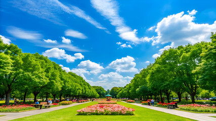Scenic park pathway vibrant flowers lush trees sunny sky