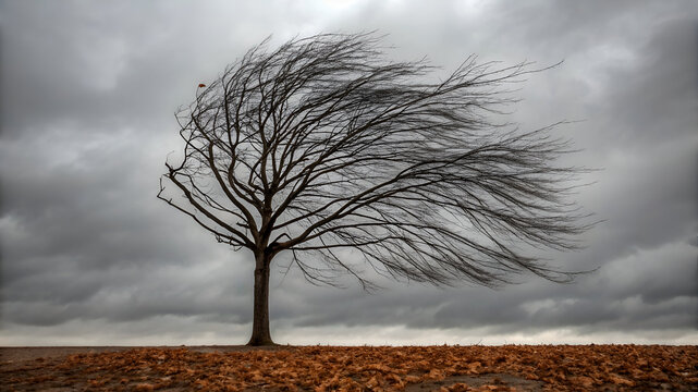 Lone tree windswept branches stormy sky autumn leaves