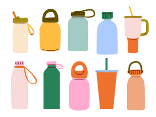 Flat Modern Bottle Tumbler Collection. A colorful collection of 10 flat style drinkware elements including bottles tumblers mugs and containers in modern rounded minimalist designs for everyday