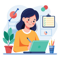 Young professional woman working on laptop with checklist and data visualization