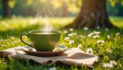 Taza de matcha sobre pasto con pequeñas flores blancas, escena natural con luz de la mañana y vapor ascendente de la bebida recién preparada