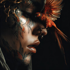 Phoenix Gaze: Woman with Fiery Bird Embodying Rebirth and Power
