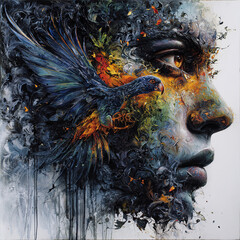 Floral Metamorphosis: Woman’s Face with Hummingbird and Nature Elements