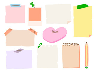 Hand Drawn Sticky Note and Stationery. A playful set of hand drawn memo sheets pins paper scraps notebooks and a pencil in colorful doodle. Perfect for journals planners and digital stationery kits