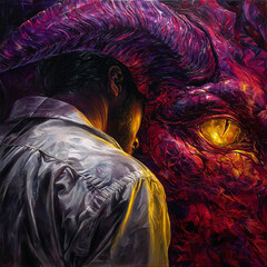 Duality Unmasked: A Man Facing His Inner Demon in Fiery Color