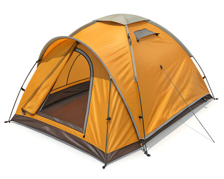 A vibrant orange dome tent pitched on a white surface ready for camping and outdoor adventures now