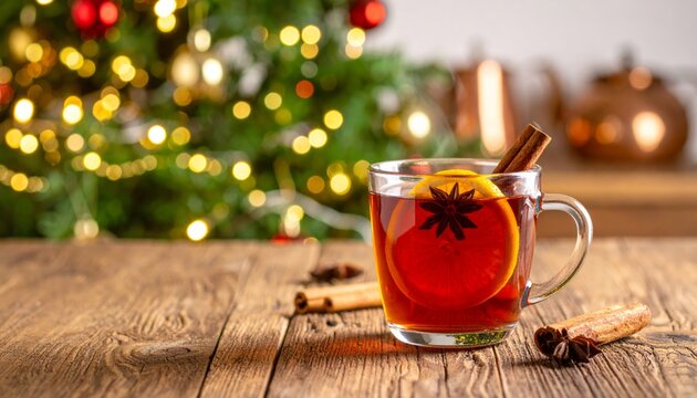 Taza de t&eacute; navide&ntilde;o con canela y an&iacute;s estrellado sobre mesa de madera con luces c&aacute;lidas y &aacute;rbol de Navidad desenfocado al fondo