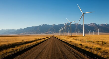 Wind Turbines Along Rural Road with Distant Mountains and Clear Sky