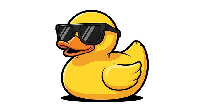 Cartoon yellow rubber duck wearing sunglasses, cool and stylish.