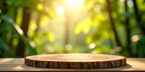 Natural forest-inspired product display scene with empty wooden platform on rustic table, surrounded botanical elements and warm sunlight background ideal for skincare or cosmetic advertising layout