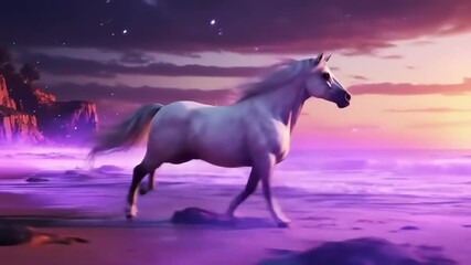 White horse running beach sunset. - Powered by Adobe
