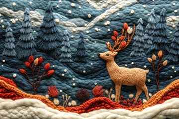 A quilted wall hanging featuring a deer in the center.