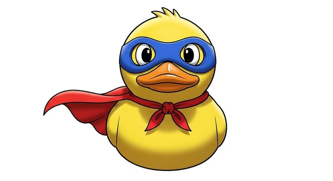 A yellow rubber duck wearing a superhero costume, with a cape and mask.