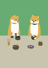 抹茶を点てる柴犬
