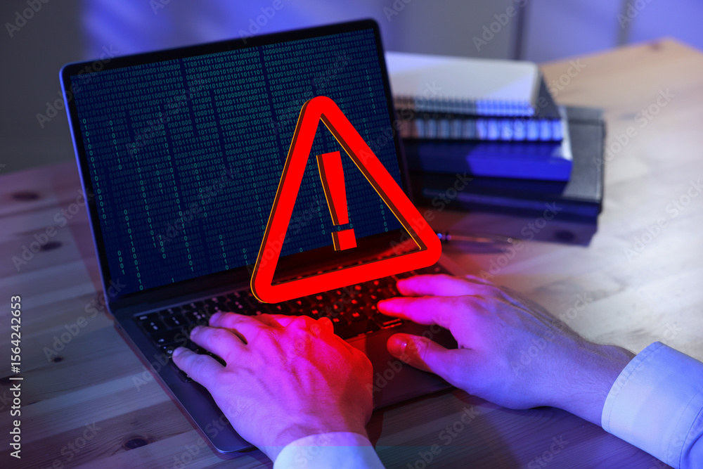 Poster cyber attack alert notification. red warning sign on virtual screen. man using laptop, closeup