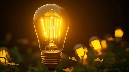 Glowing light bulbs among yellow flowers at night