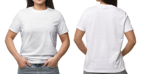 Woman in white t-shirt on white background, closeup. Back and front view. Mockup for design